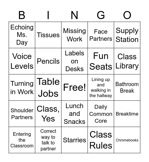 Back To School Bingo Card