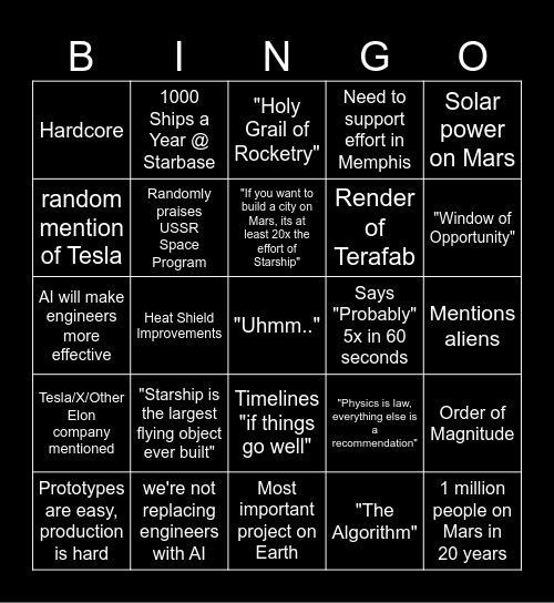 Elon Talk Bingo Card