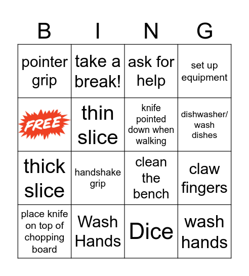 Knife Skills, Safety and Sanitation Bingo Card