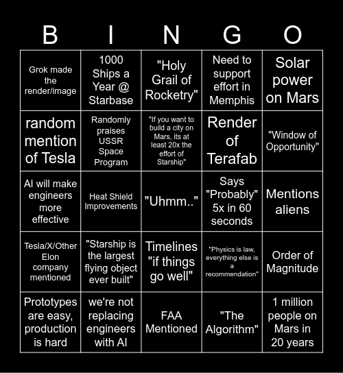 Elon Talk Bingo Card