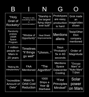 Elon Talk Bingo Card