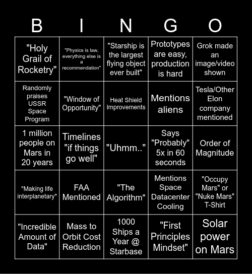Elon Talk Bingo Card