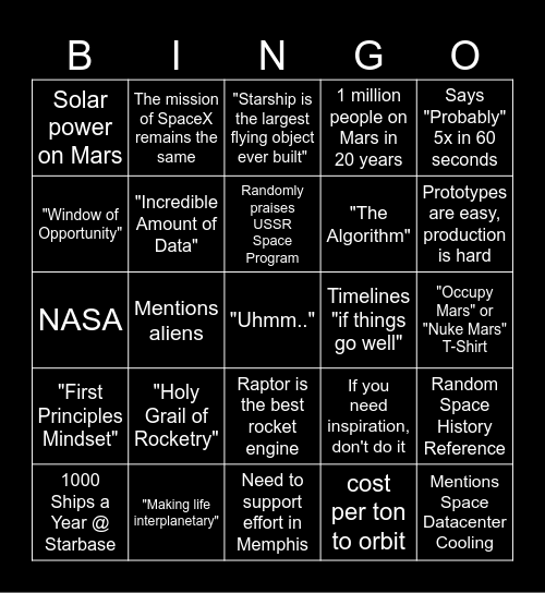 Elon Talk Bingo Card