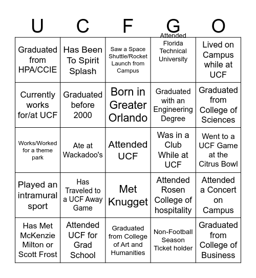 GO Knights BINGO Card