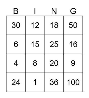 Multiplication Bingo  Bingo Card