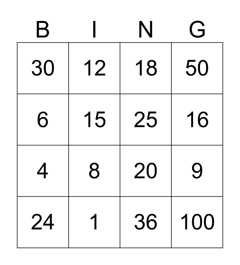 Multiplication Bingo  Bingo Card