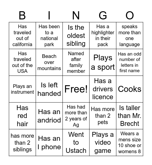 Ice breaker 1 Bingo Card