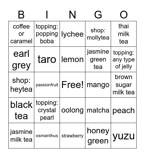 Bubble Tea Bingo Card