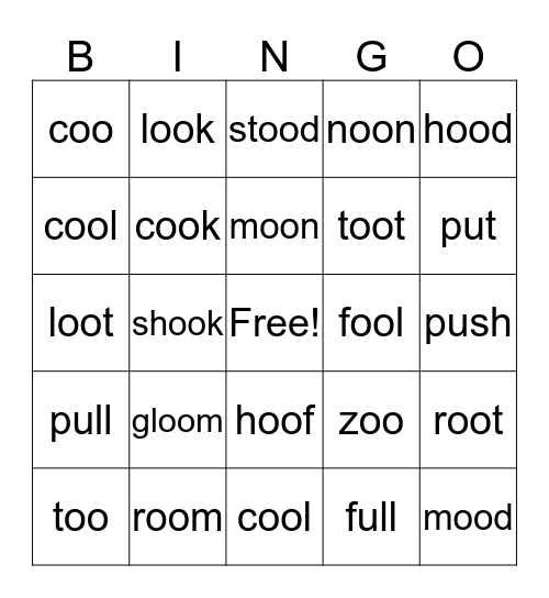 Words with oo sound Bingo Card