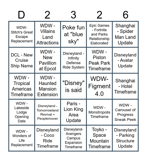 D23 Horizons Bingo 2026 Bingo Card