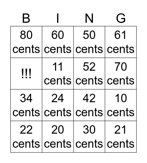 Dimes & Pennies Bingo Card