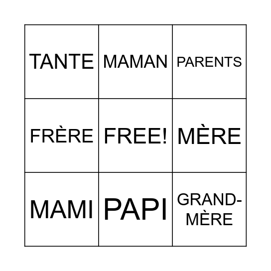 LA FAMILLE Bingo Card
