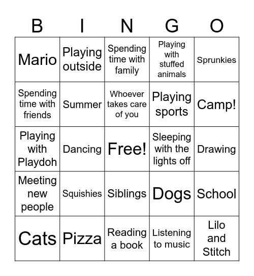 Likes and Dislikes! Bingo Card