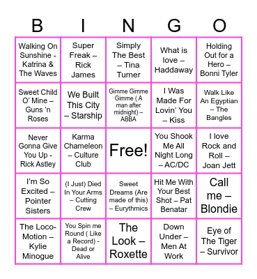 RAZZLE DAZZLE 80s BINGO Card