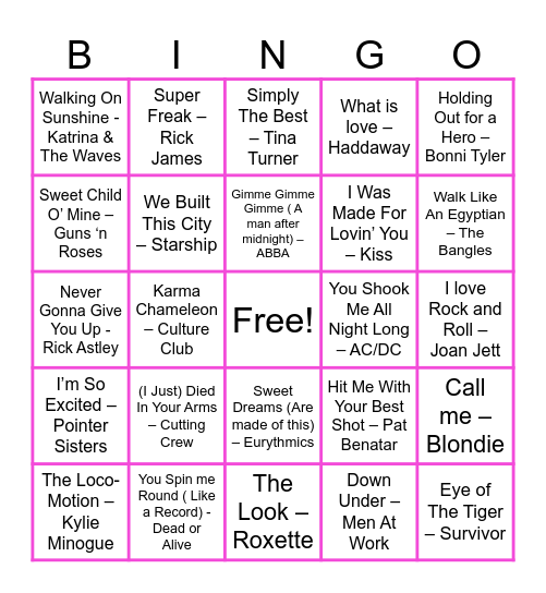 RAZZLE DAZZLE 80s BINGO Card