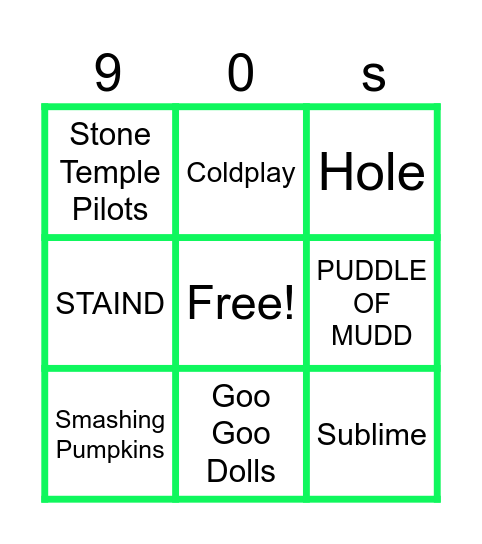 Alternative Rock Bingo Card