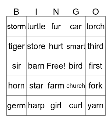 R-Controlled Vowel Word BINGO Card