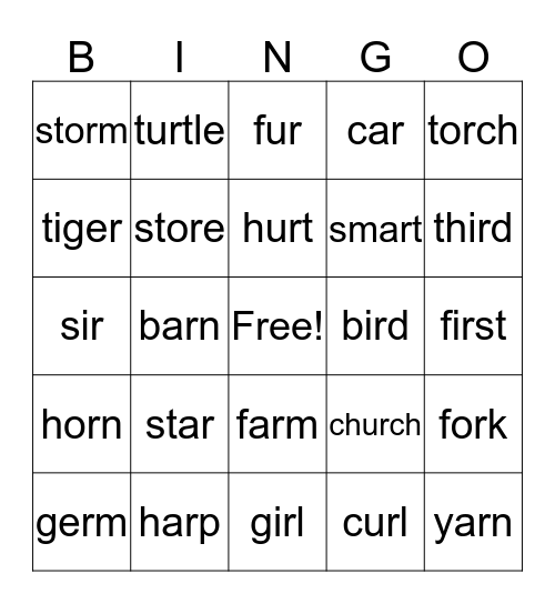 R-Controlled Vowel Word BINGO Card