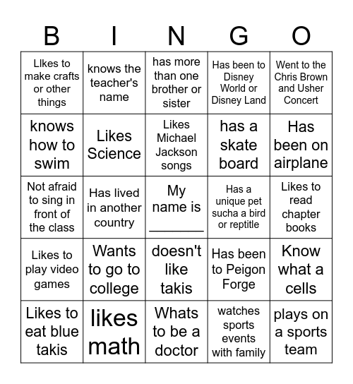 Mrs. Custard's BINGO Card