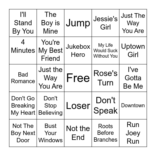 Glee Covers Bingo Card