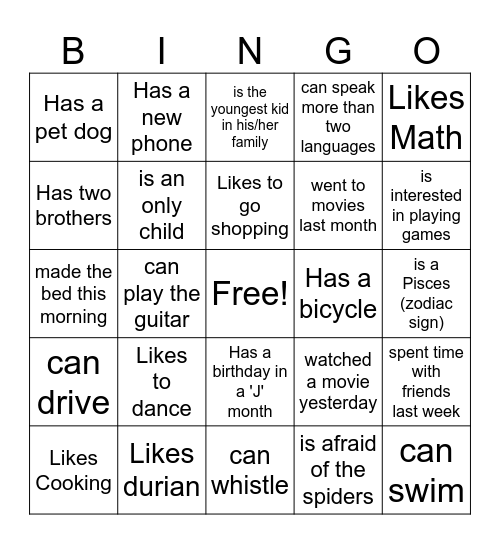 Get to Know You Bingo Card