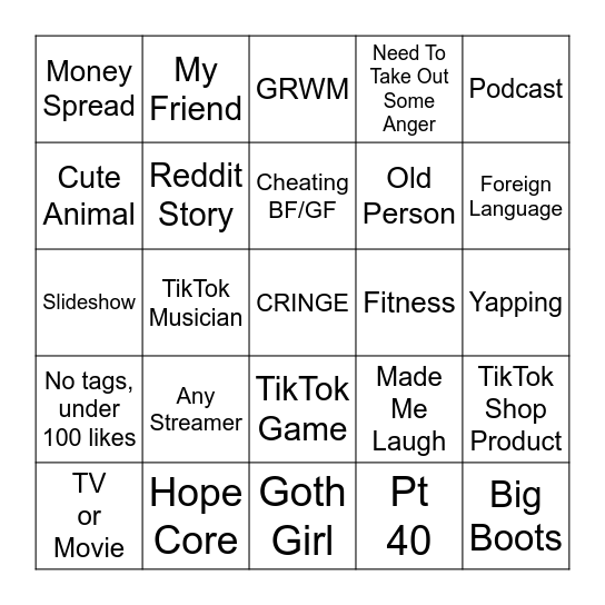 TikTok Bingo Card