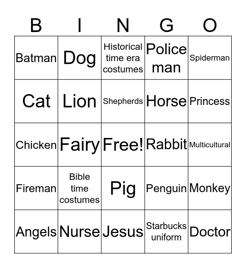 Costume Bingo Card