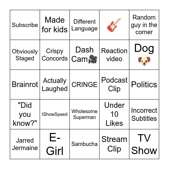 YouTube Shorts Bingo Card