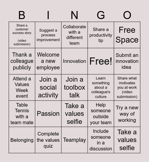 Values Week Bingo Card