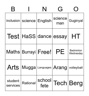 School Bingo Card