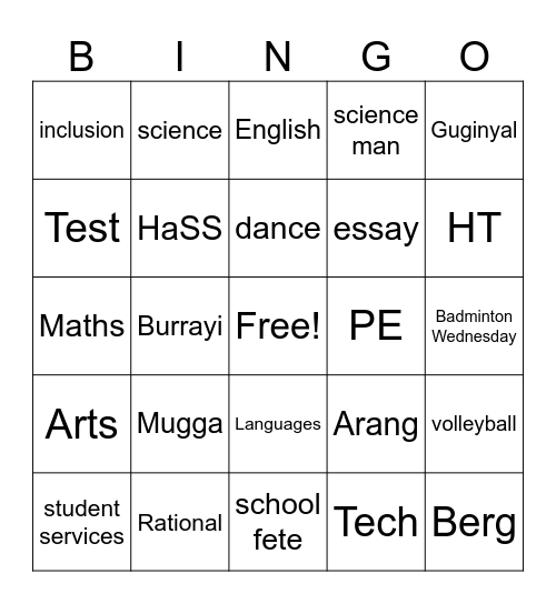 School Bingo Card