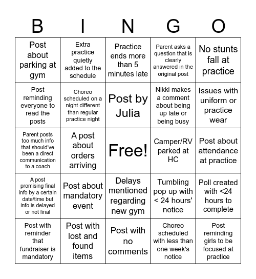 Pre-Comp Cheer BINGO Card