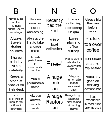 Human Bingo: Find a coworker who.. Bingo Card