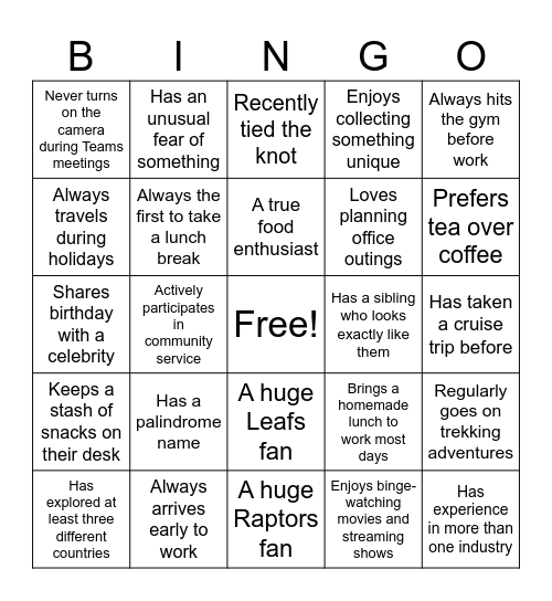 Human Bingo: Find a coworker who.. Bingo Card
