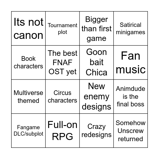 FNAF World 2 Bingo Card