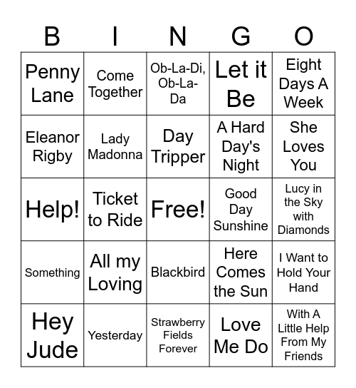 BEATLES MANIA Bingo Card