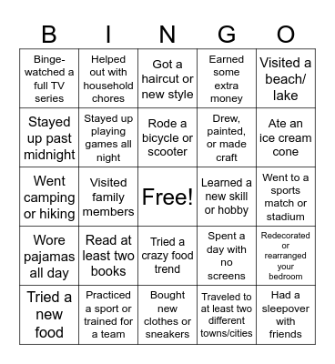 8Y - Summer Holiday Bingo Card