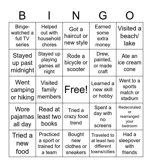 8Y - Summer Holiday Bingo Card