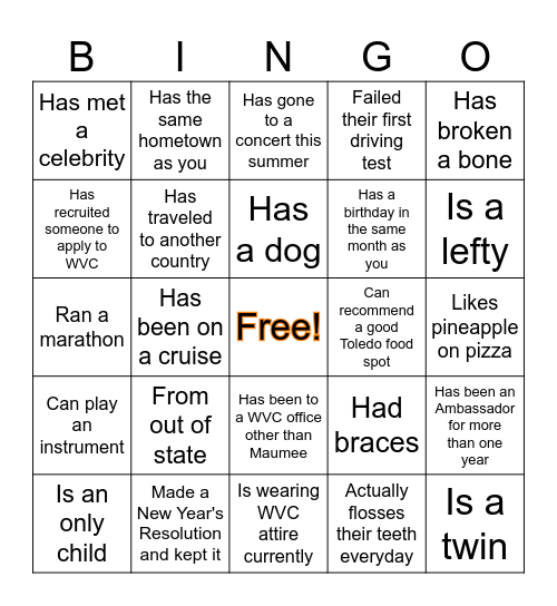 WVC Ambassador Bingo Card