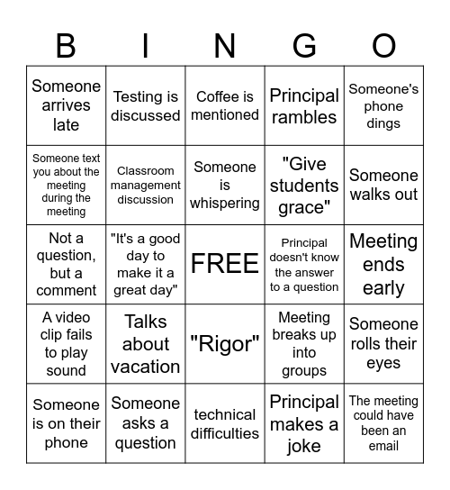 Teacher Staff Meeting Bingo Card