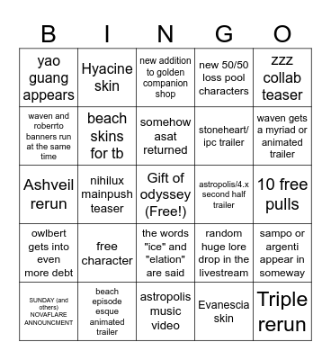 4.5 livestream Bingo Card