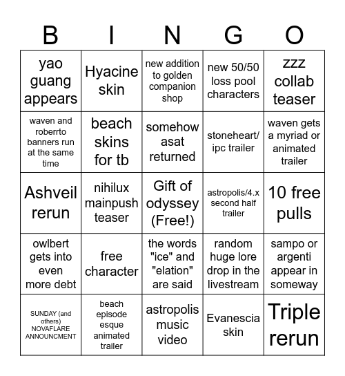4.5 livestream Bingo Card