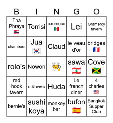 Sarah's Top NYC Restaurants Bingo Card