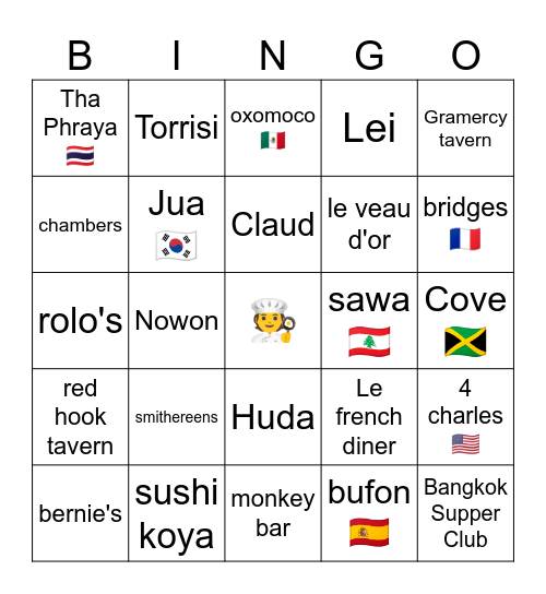 Sarah's Top NYC Restaurants Bingo Card
