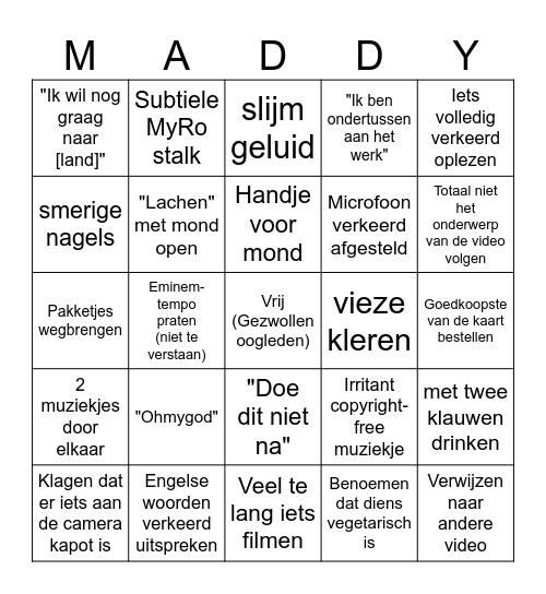 Maddie Baddie algemene bingo Card