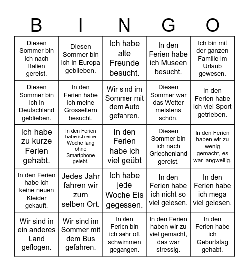 Reisen und Urlaub: die Sommerferien Bingo Card