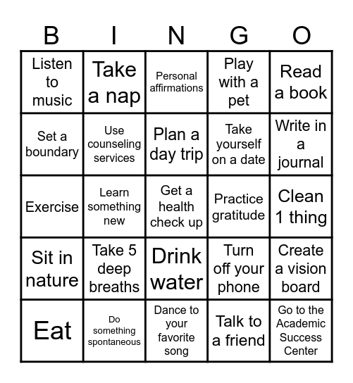 Self Care Bingo! Bingo Card