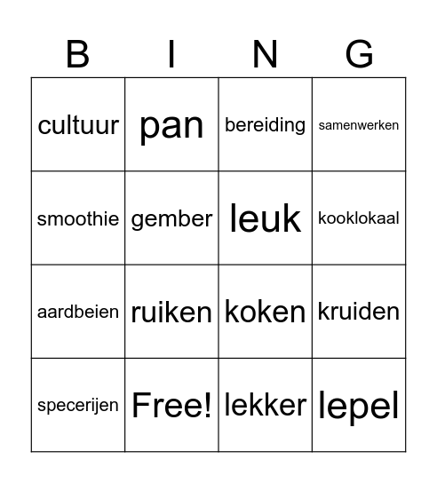 Activiteit 'koken' Bingo Card