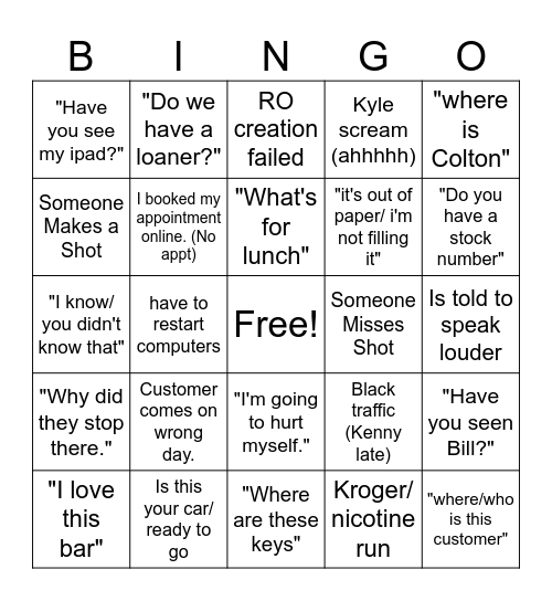 SERVICE BINGO Card