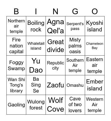 Avatar Seven Havens Location Bingo Card